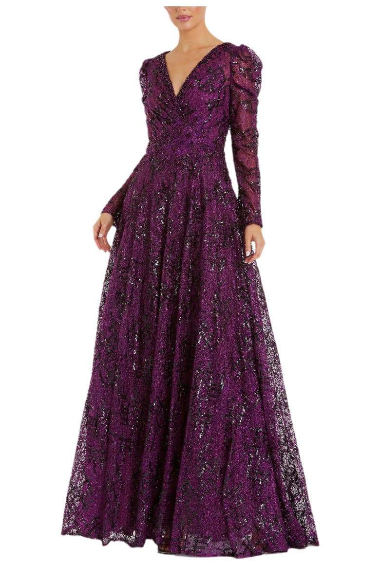 Mac Duggal Embellished V Neck Long Sleeve A Line Gown, Main, color, Plum