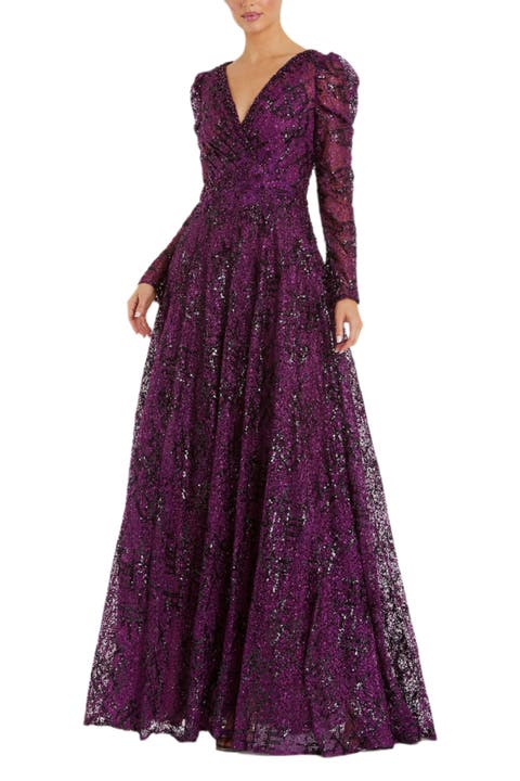 Embellished V Neck Long Sleeve A Line Gown