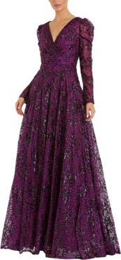 Mac Duggal Embellished V Neck Long Sleeve A Line Gown