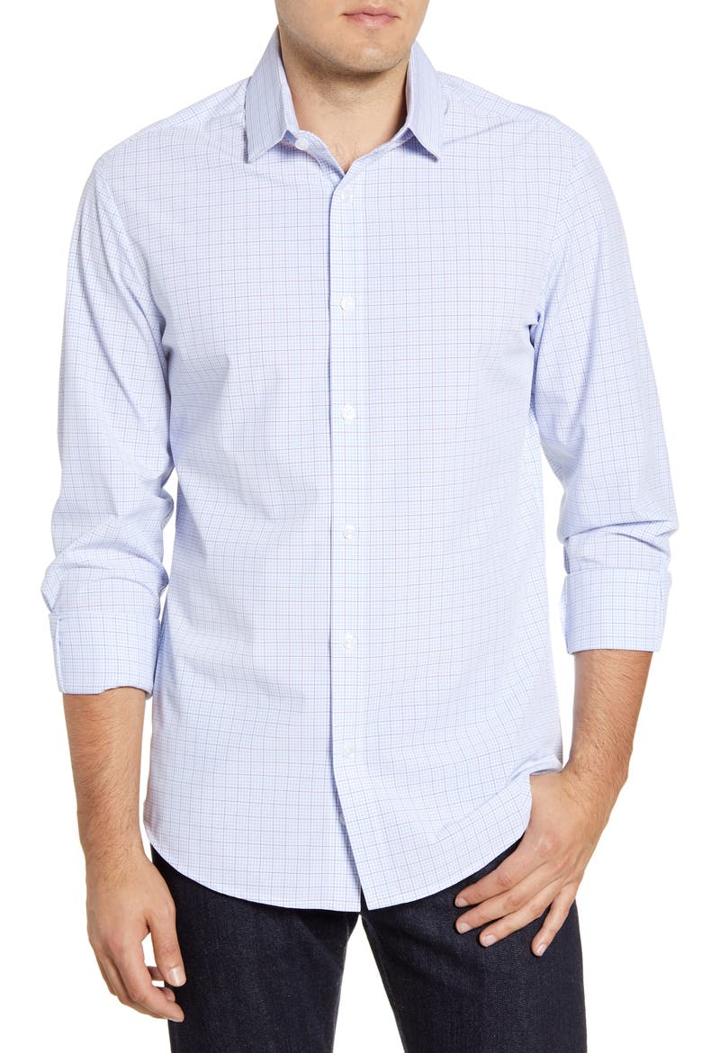 Dixon Tattersall Trim Fit Performance Button-Up Shirt, Main, color, BLUE