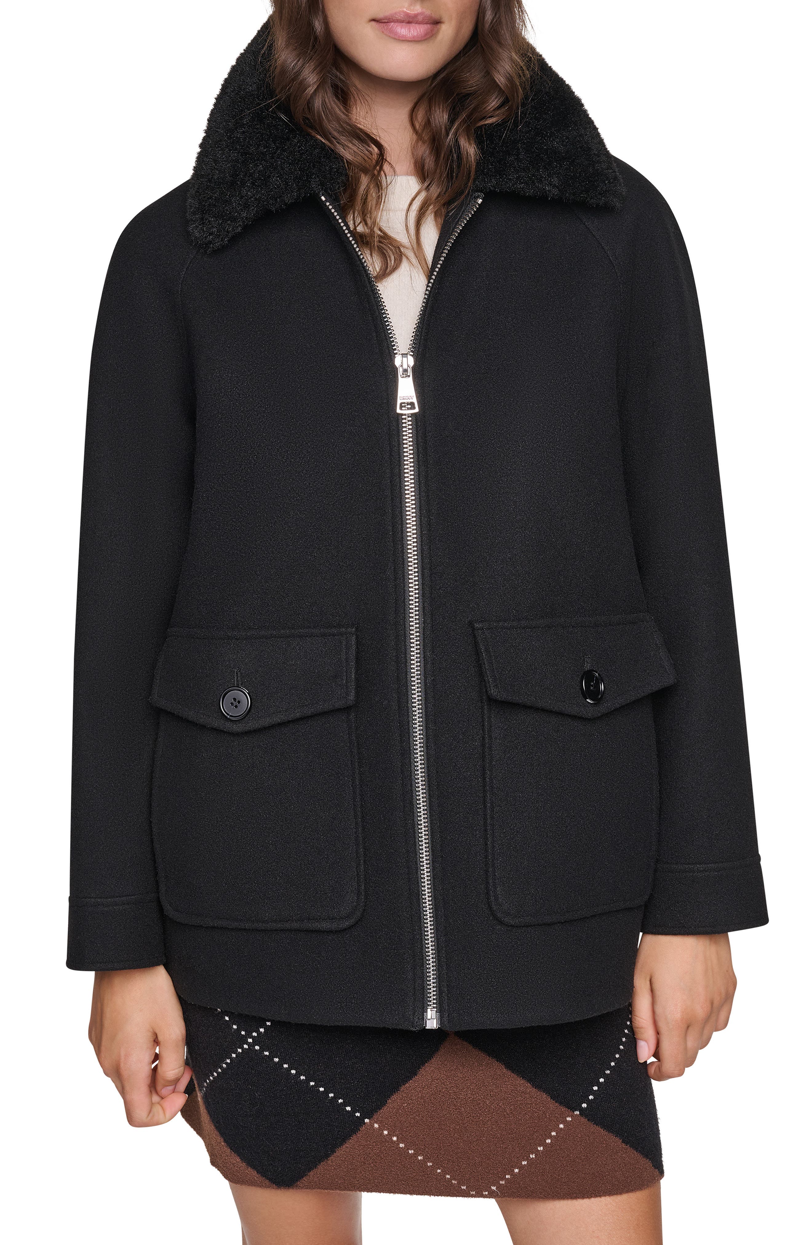 Faux Fur Collar Zip Coat