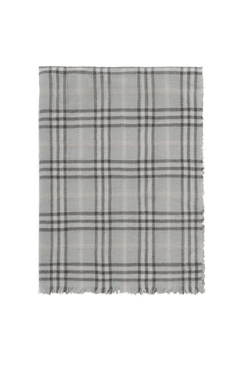 Wide Embellished Check Wool Silk Blend Scarf