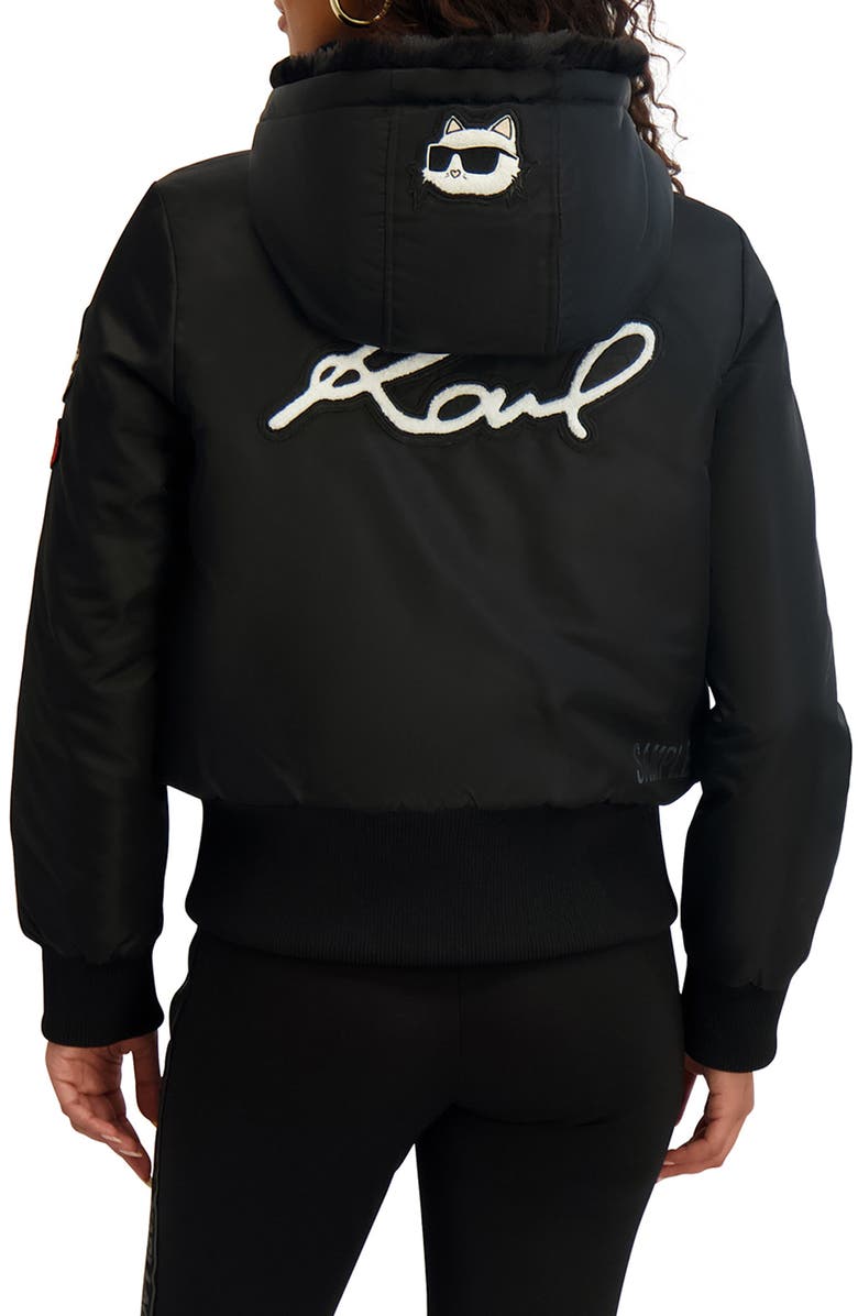 KARL LAGERFELD Cropped Patchwork Hooded Jacket with Faux Fur Trim, Alternate, color, Black