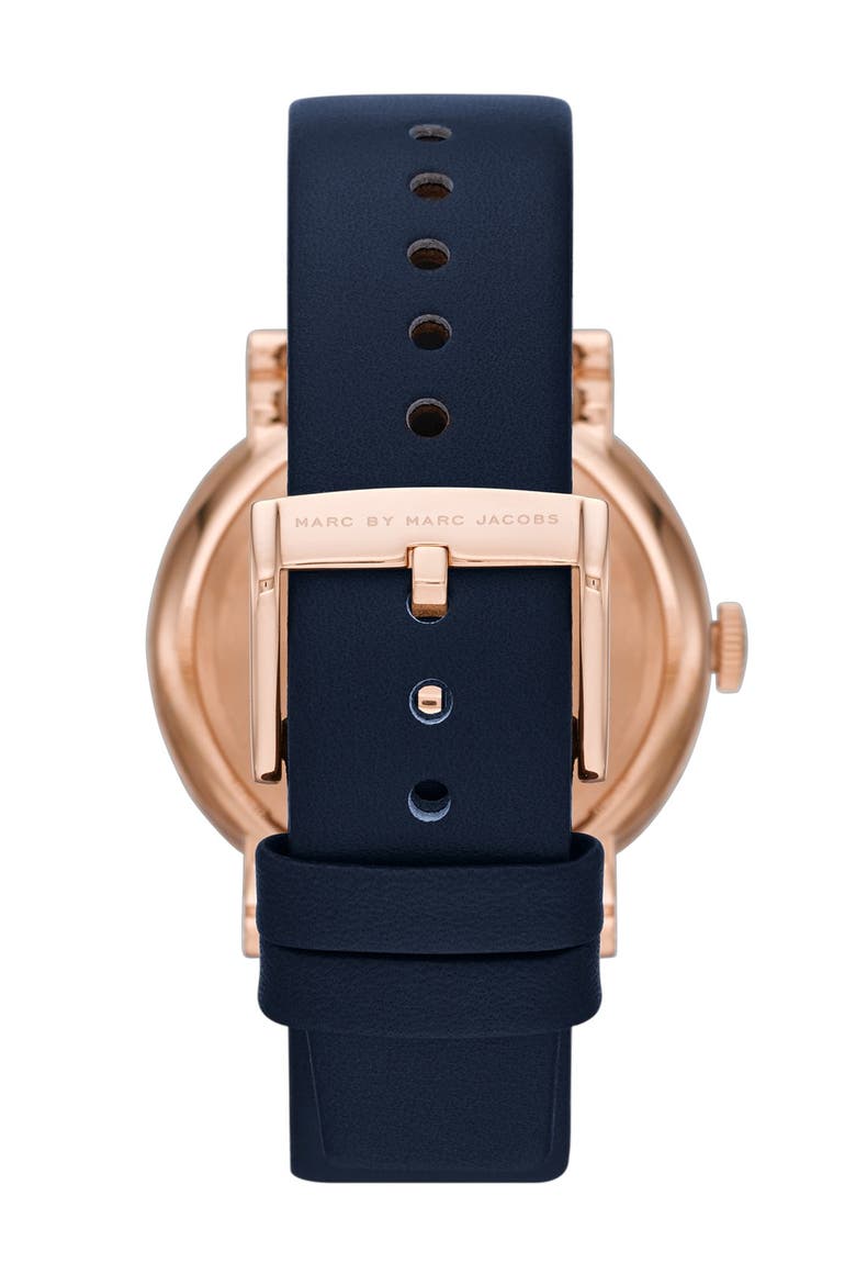 'Baker' Leather Strap Watch, 37mm, Alternate, color, NAVY/ ROSE GOLD