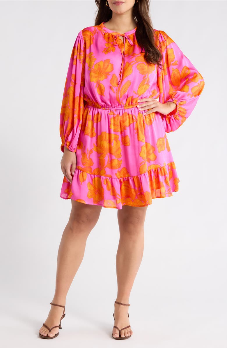 SUGARLIPS Pacey Floral Paxton Balloon Sleeve Minidress, Main, color, Neon-Orange