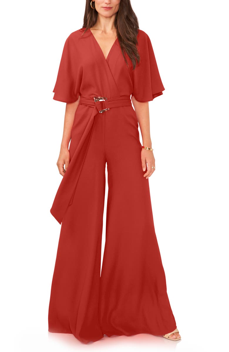Vince Camuto Open Back Wide Leg Belted Jumpsuit, Main, color, Rust