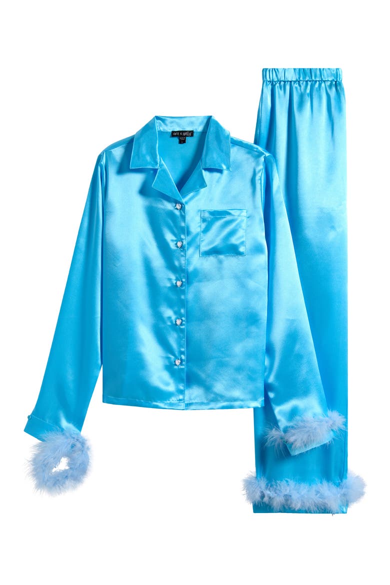 Kids' Faux Fur Trim Satin Pajamas, Main, color, BLUE