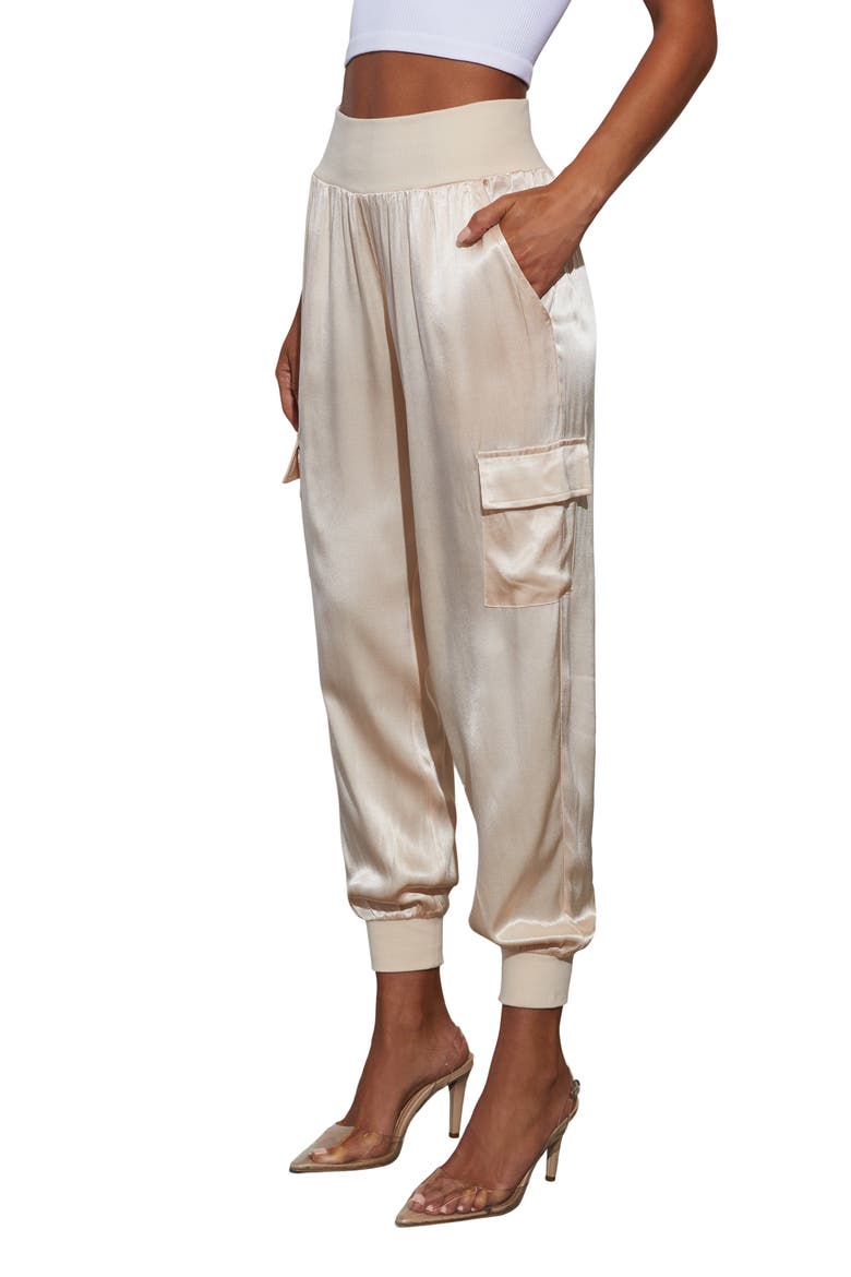 Luxe Look Satin Cargo Joggers, Alternate, color, CHAMPAGNE