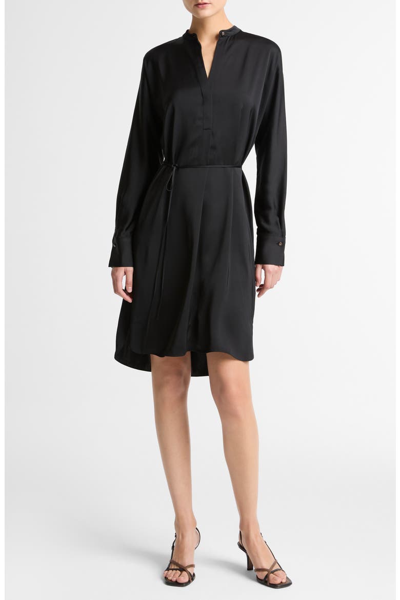 Band Collar Long Sleeve Satin Dress, Main, color, BLACK