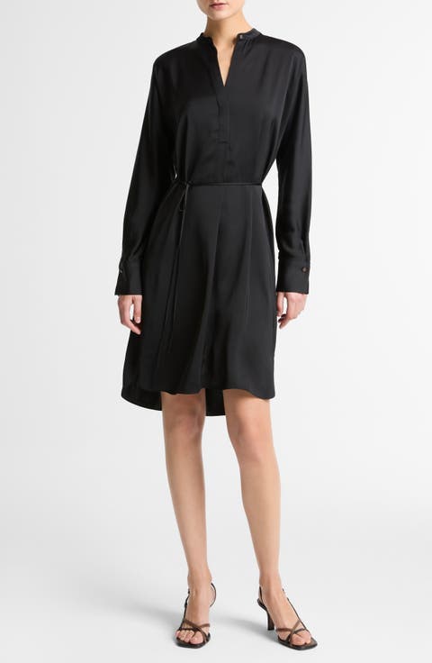 Band Collar Long Sleeve Satin Dress