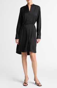 Band Collar Long Sleeve Satin Dress