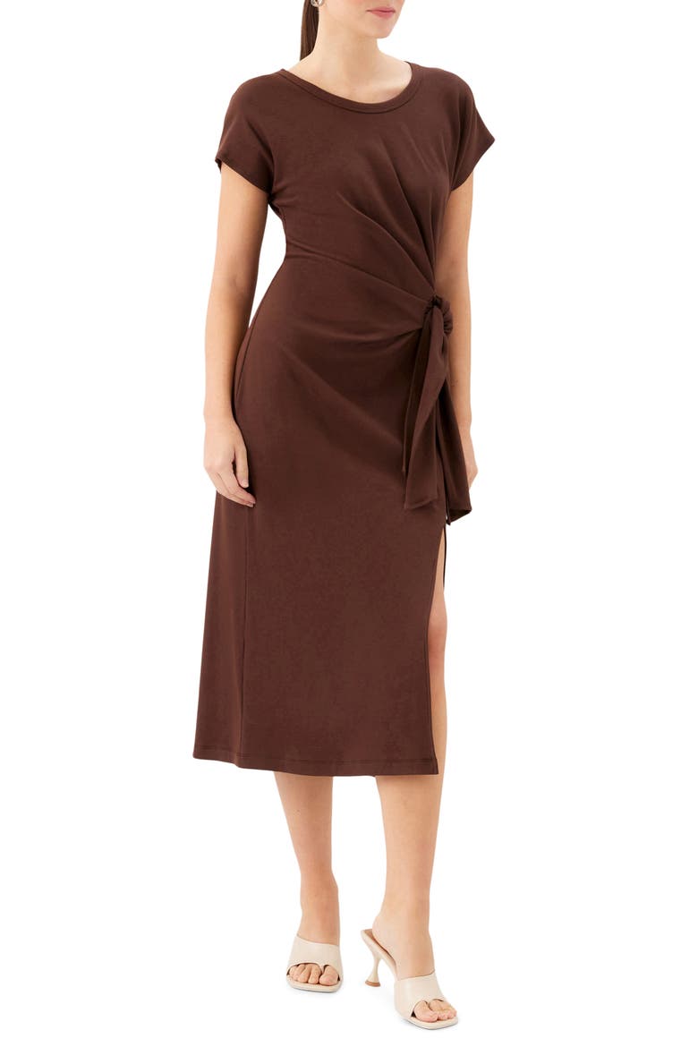 Marisa Side Knot Midi Dress, Alternate, color, BROWN