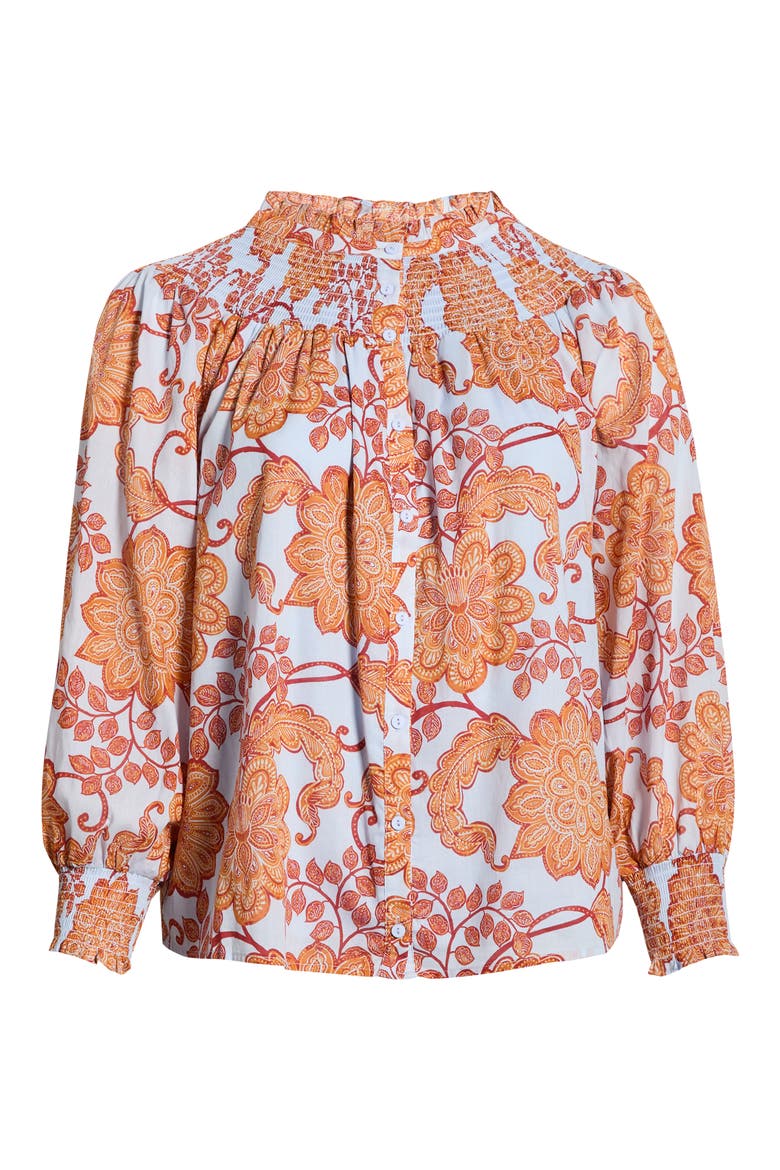 Siany Floral Debory Smocked Detail Button-Up Shirt, Alternate, color, BROWN-BLU