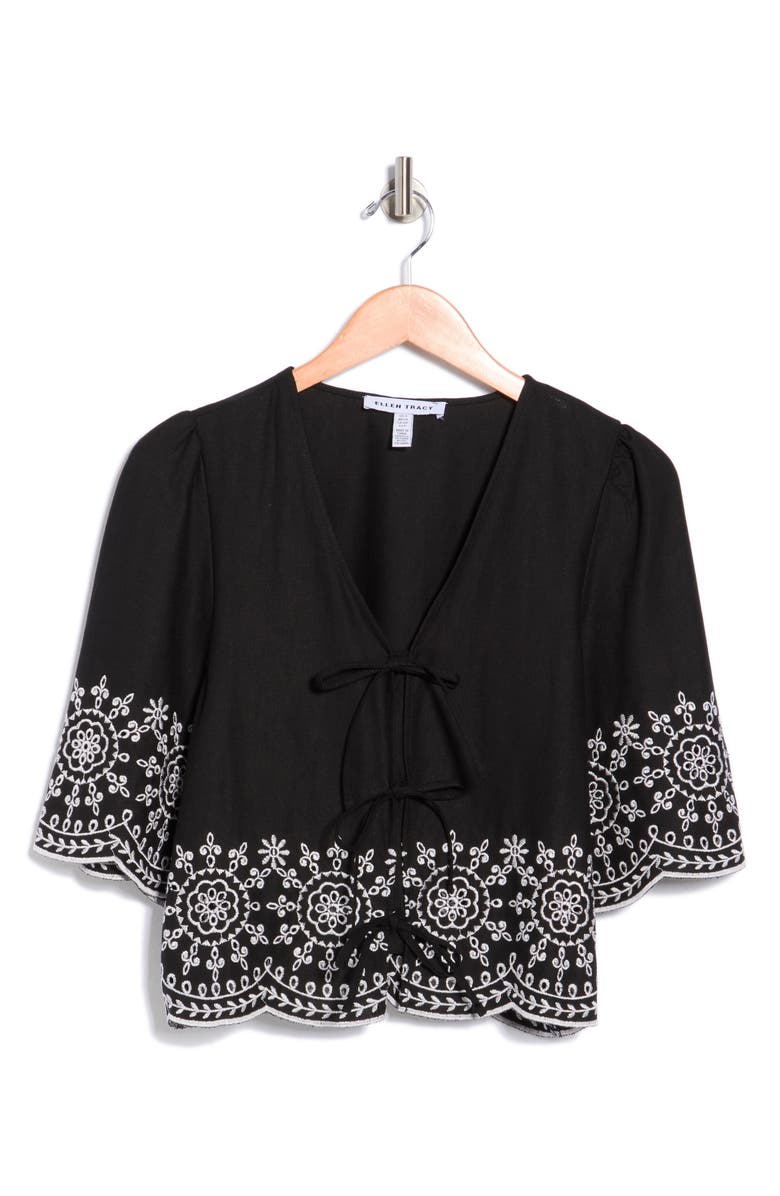 Ellen Tracy Eyelet Embroidered Tie Top, Alternate, color, Black