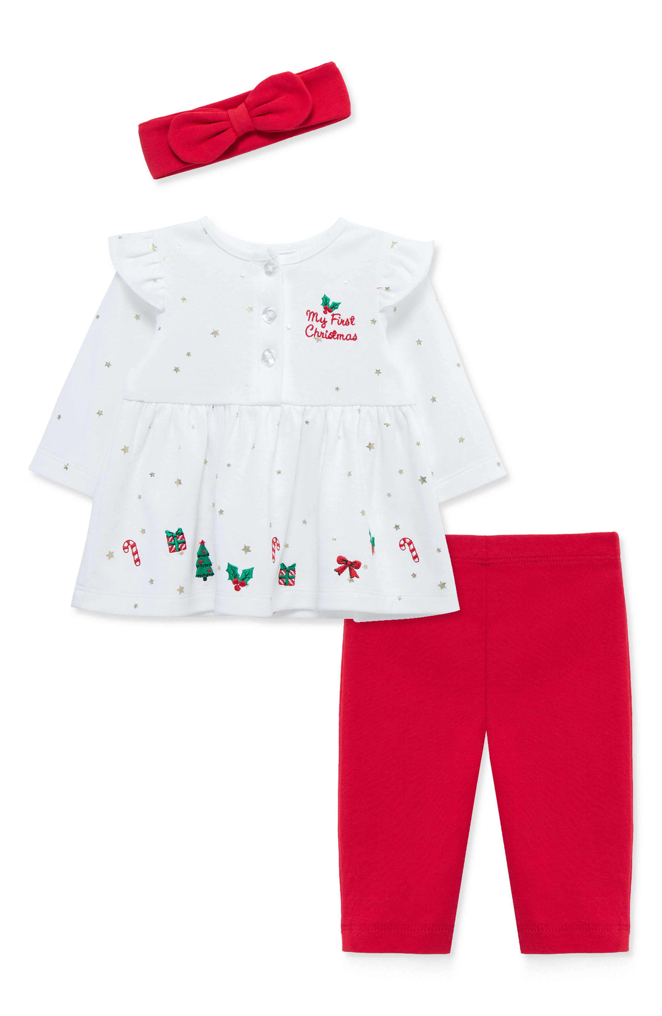 Little Me Merry Tunic, Leggings & Headband Set in White Multi 