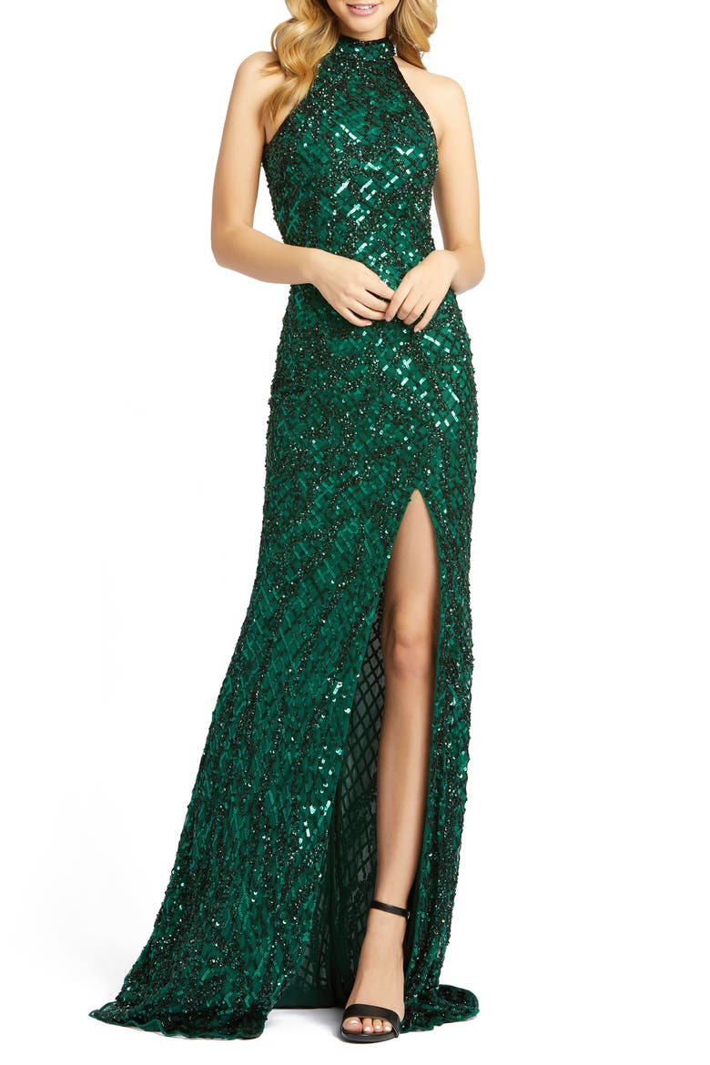 Sequin Halter Column Gown, Main, color, BOTTLE GREEN