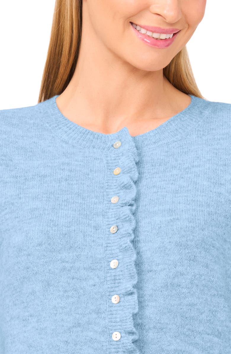 CeCe Ruffle Trim Cardigan, Alternate, color, Blue Heather