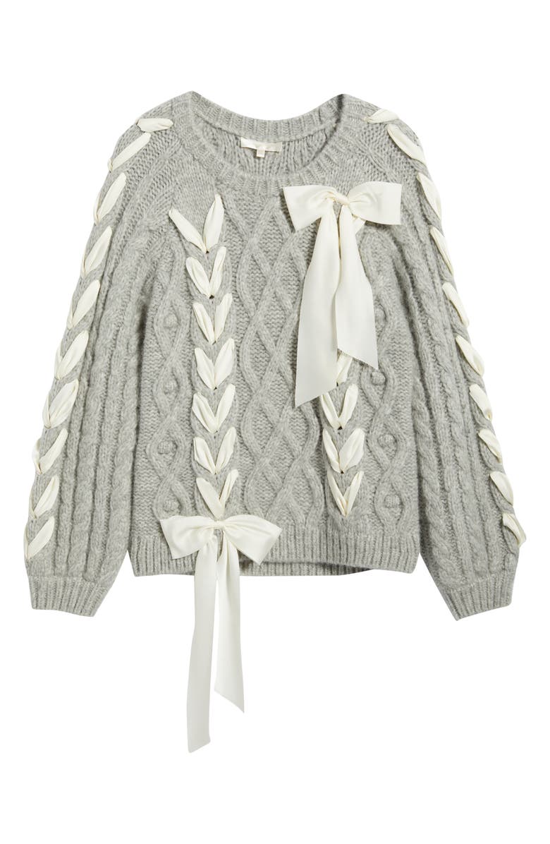 LoveShackFancy Kloss Ribbon Detail Alpaca Blend Cable Sweater, Alternate, color, Grey Melange