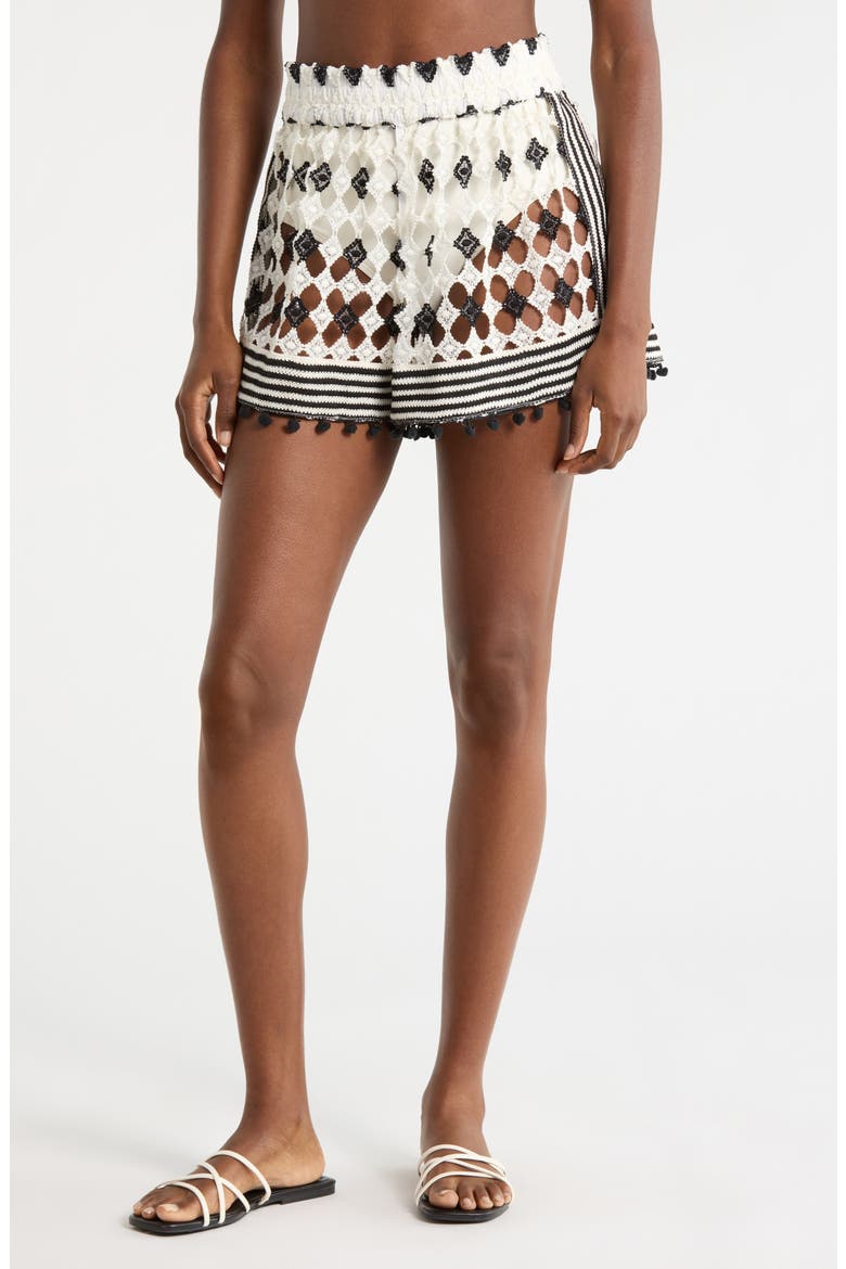 Cordelia Open Knit Cover-Up Shorts, Main, color, BLACK/ SANDSTONE CROCHET