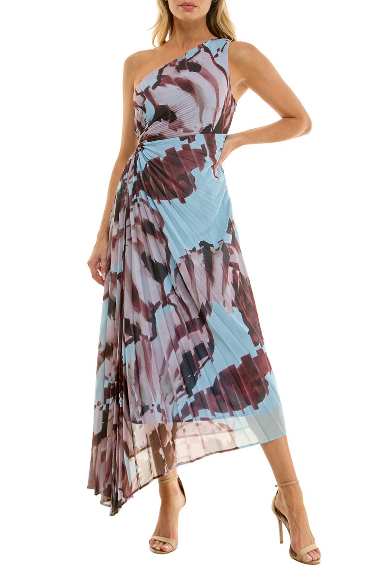 Floral Metallic Stripe One-Shoulder Pleated Dress, Main, color, BLUE/ BROWN