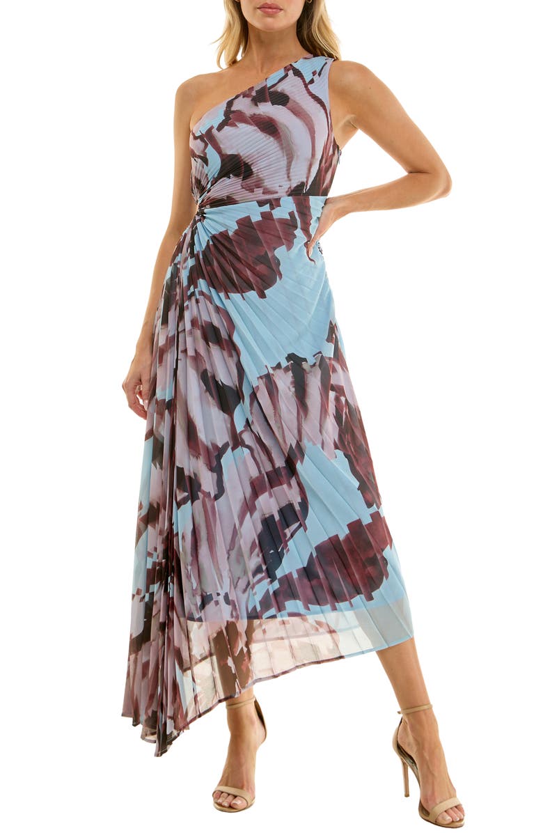 Socialite Floral Metallic Stripe One-Shoulder Pleated Dress, Main, color, Blue/ Brown
