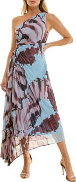 Socialite Floral Metallic Stripe One-Shoulder Pleated Dress