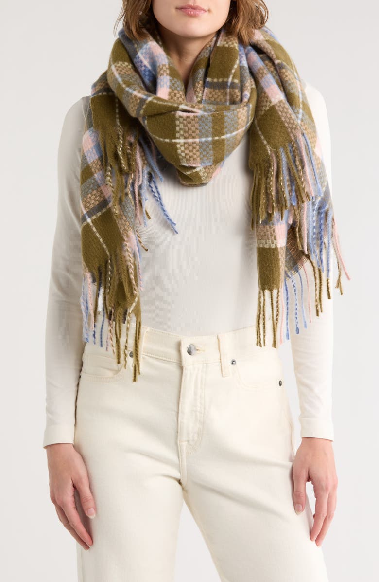 Vince Camuto Basketweave Fringe Scarf, Main, color, Olive