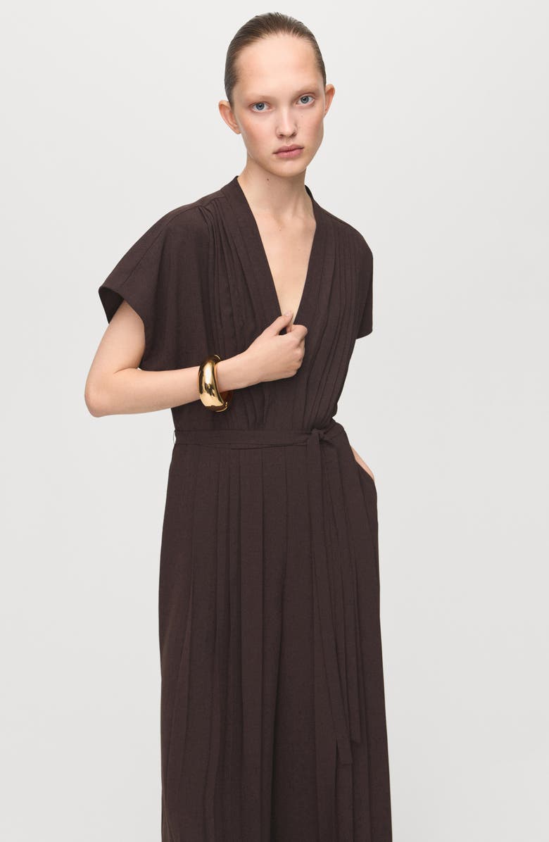 MANGO Pleated Tie Belt Jumpsuit, Alternate, color, Brown