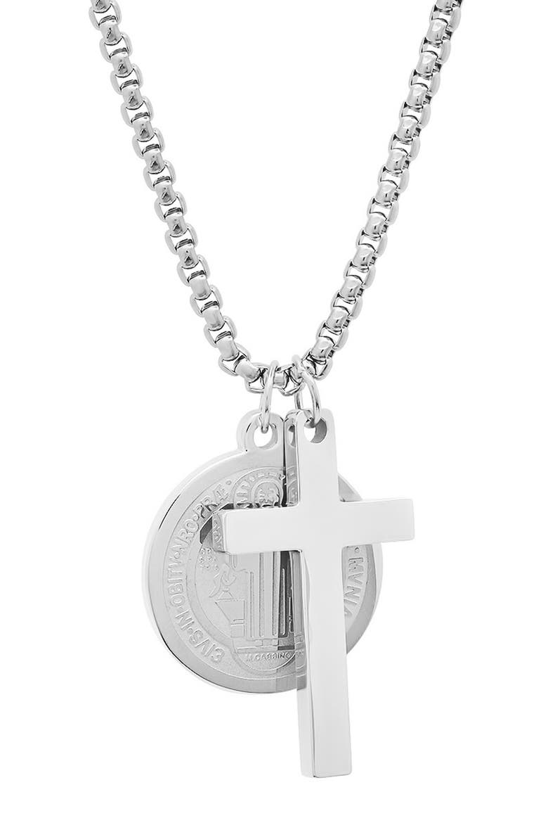Men's Stainless Steel Cross & Saint Pendant Necklace, Main, color, SILVER
