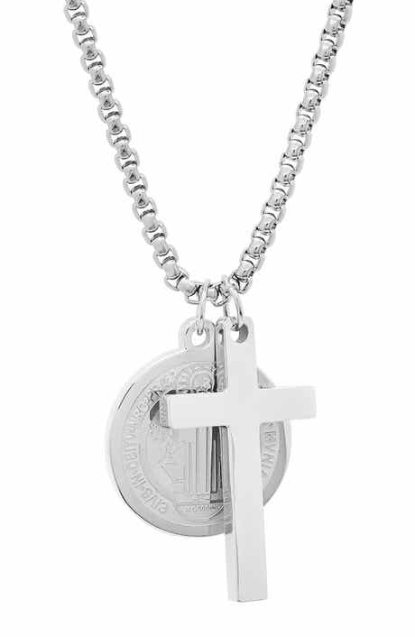 HMY JEWELRY Men's Stainless Steel Cross & Saint Pendant Necklace