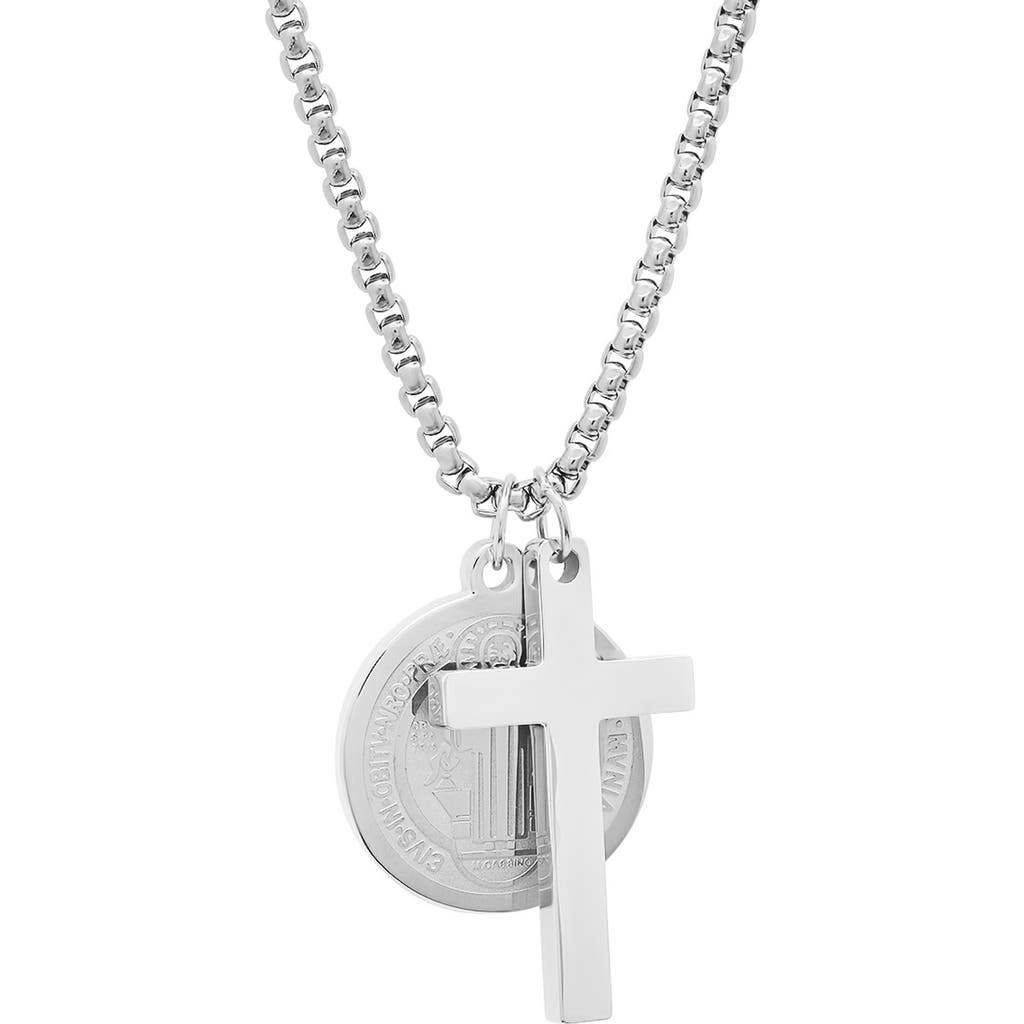 Hmy Jewelry Stainless Steel Cross & Saint Pendant Necklace In Silver