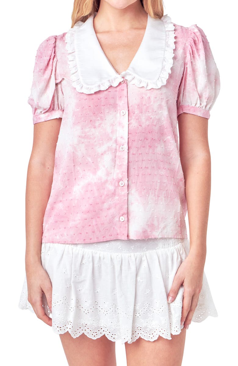 Free the Roses Tie Dye Swiss Dot Ruffle Collar Shirt, Alternate, color, Pink/ White