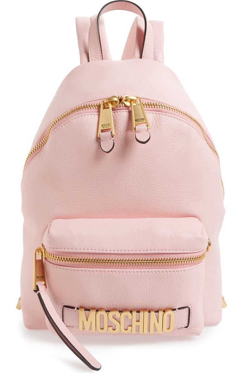 Moschino Logo Leather Backpack, Main, color,