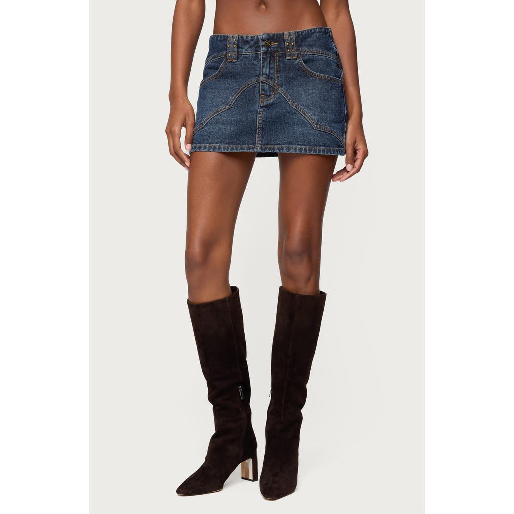 Edikted Tory Western Low Rise Denim Miniskirt In Blue