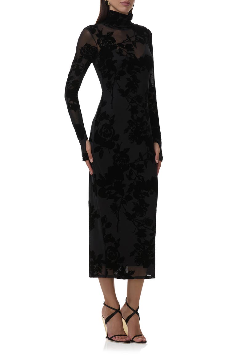 Shailene Flocked Long Sleeve Mesh Midi Dress, Alternate, color, NOIR