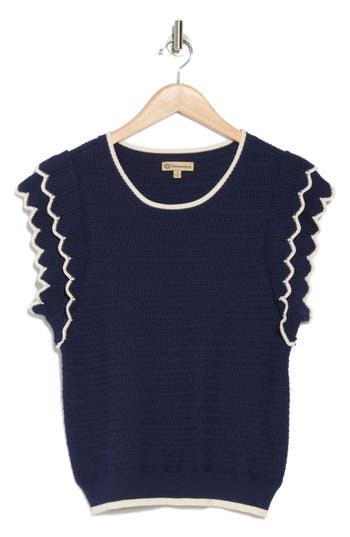 Democracy Scalloped Cap Sleeve Sweater In Navy/natural
