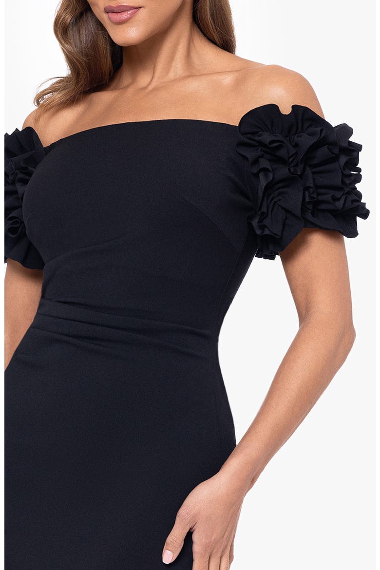 Ruffle Sleeve Off the Shoulder Scuba Crepe Column Gown, Alternate, color, BLACK