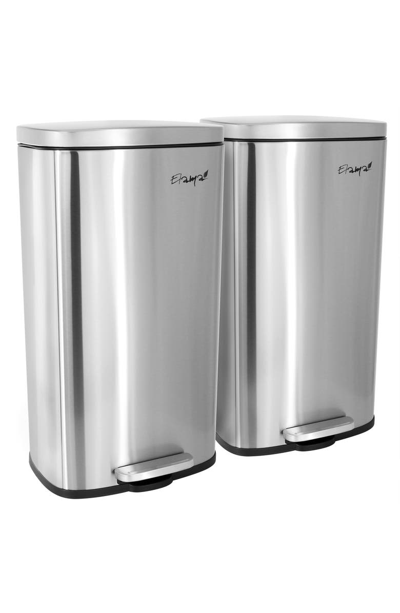 Elama 2 piece 8 Gallon Each 30 Liter Rectangular Stainless Steel Twin Step Trash Bins with Slow Close Mechanism, Main, color, Silver