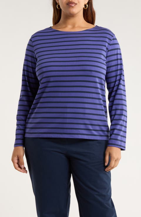 Sailor Stripe Long Sleeve Organic Cotton T-Shirt (Plus)