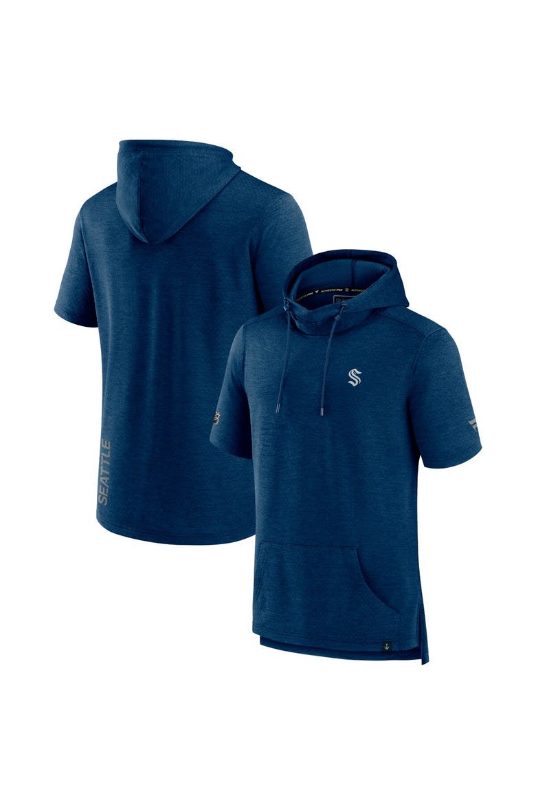 Men's Fanatics Branded Heather Deep Sea Blue Seattle Kraken Authentic Pro Short Sleeve Pullover Hoodie, Alternate, color, Heather Navy