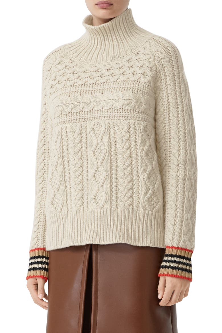 Oamaru Icon Stripe Cuff Cable Cashmere Sweater, Main, color, IVORY