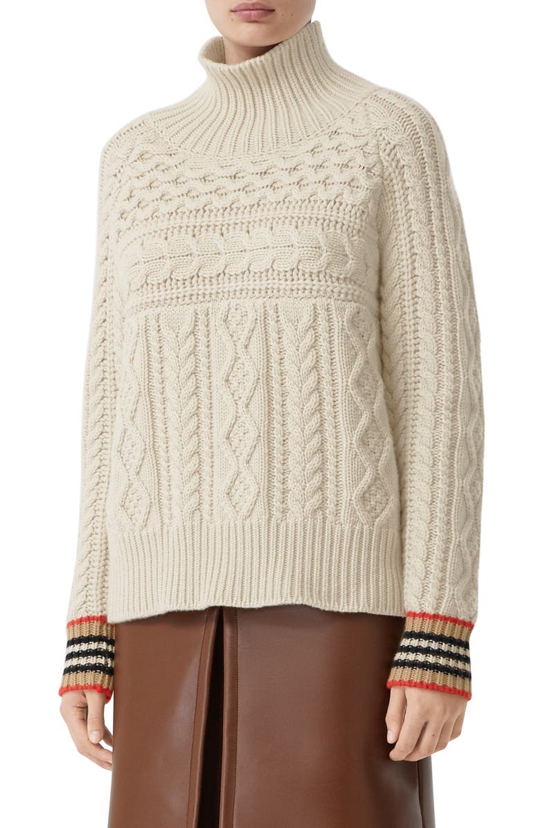 Burberry Oamaru Icon Stripe Cuff Cable Cashmere Sweater, Main, color, 