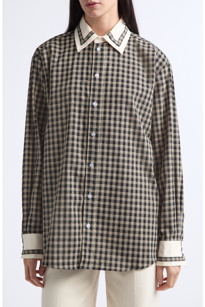Gender Inclusive Pippa Trimmed Bordered Check Button-Up Shirt, Main, color, BLACK