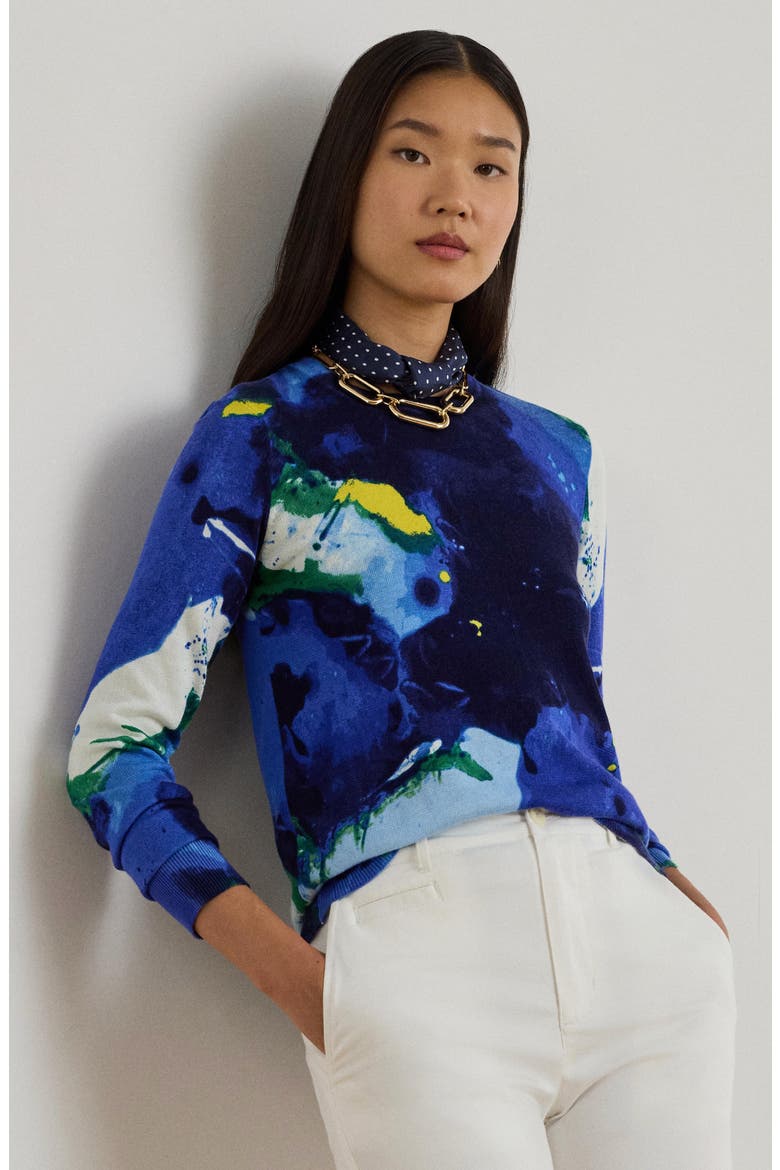 Print Crewneck Sweater, Alternate, color, BLUE/ MULTI