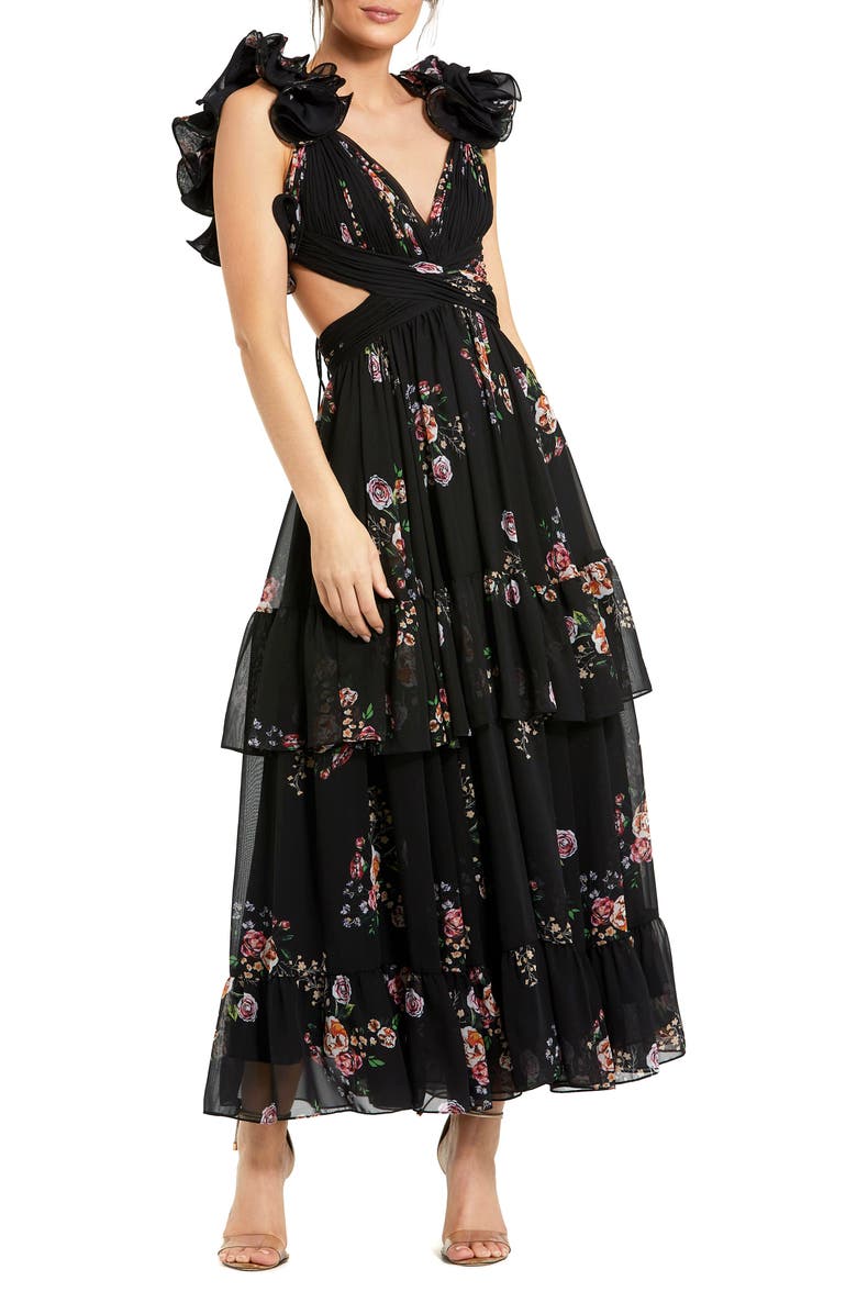 Mac Duggal Tiered Floral Chiffon Gown with Ruffle Cap Sleeves and Lace-Up Back, Main, color, Black Multi