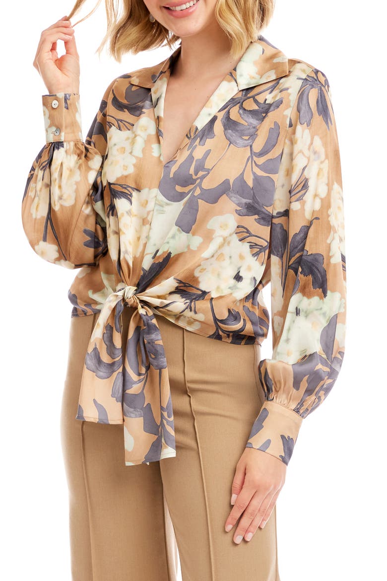 Floral Tie Front Satin Top, Alternate, color, MEDIUM BEIGE PRINT