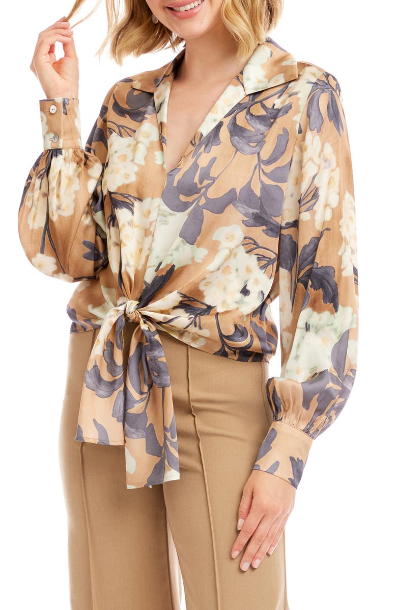 Karen Kane Floral Tie Front Satin Top, Alternate, color, Print