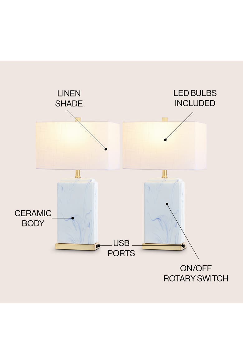 Chloe 24.5" Modern Coastal Iron/Marbled Ceramic LED Table Lamp with USB Charging Port, Blue/White, Alternate, color, Blue/White