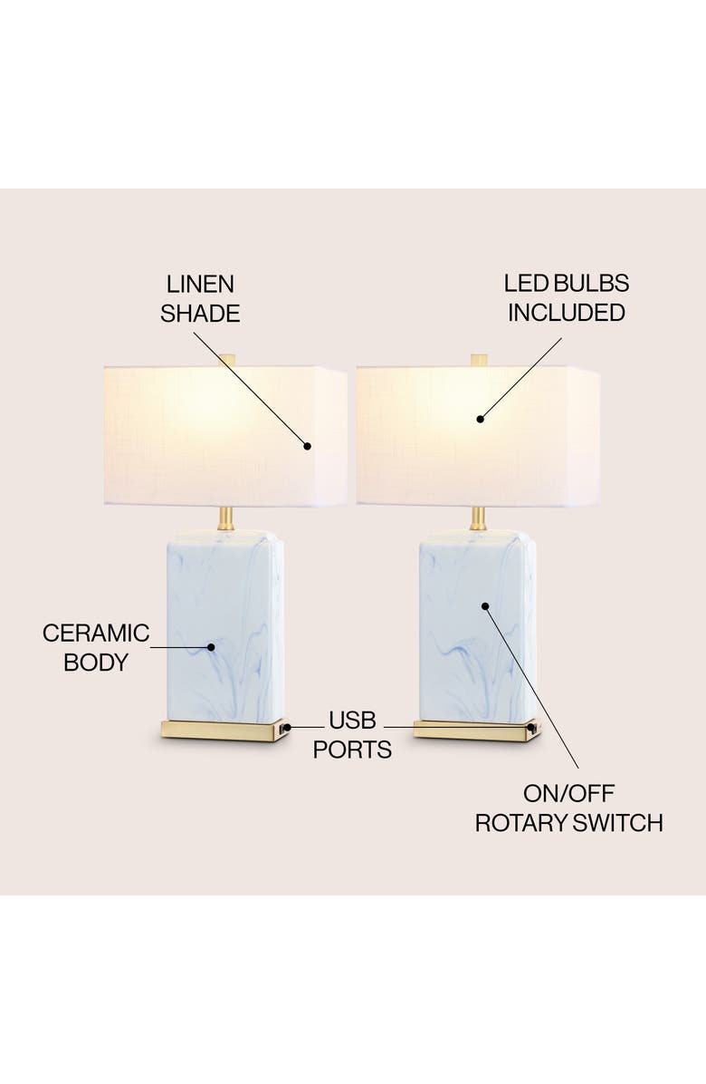 JONATHAN Y Chloe 24.5" Modern Coastal Iron/Marbled Ceramic LED Table Lamp with USB Charging Port, Blue/White, Alternate, color, Blue/White