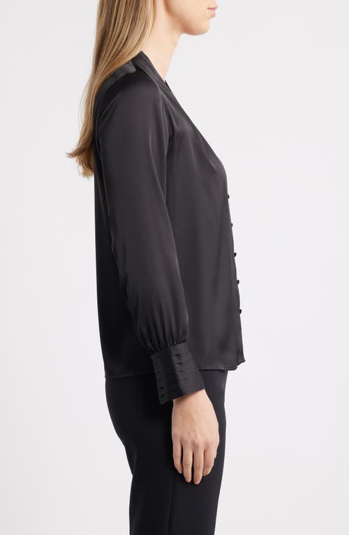 Anne Klein Pleat Front V-neck Button-up Shirt In Black